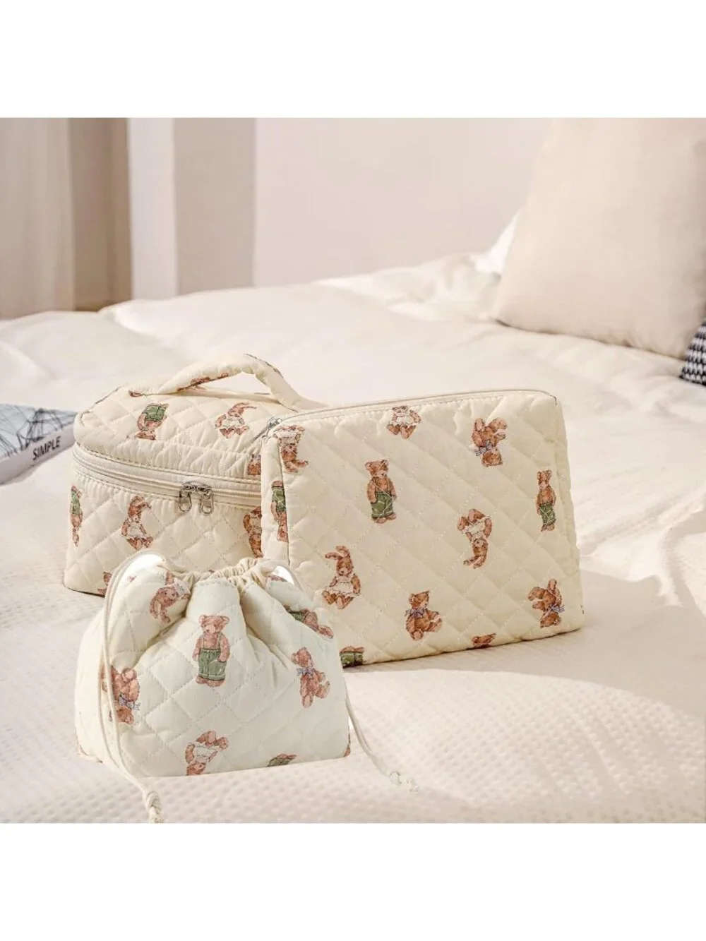 3-Piece Large Cotton Quilted Makeup Bag Set - Cute Travel Toiletry & Gift Bags
